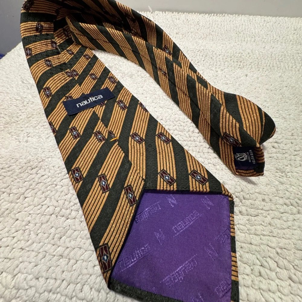 Nautica Tie Gold Green Geometric Striped Silk Heritage Professional Art Deco